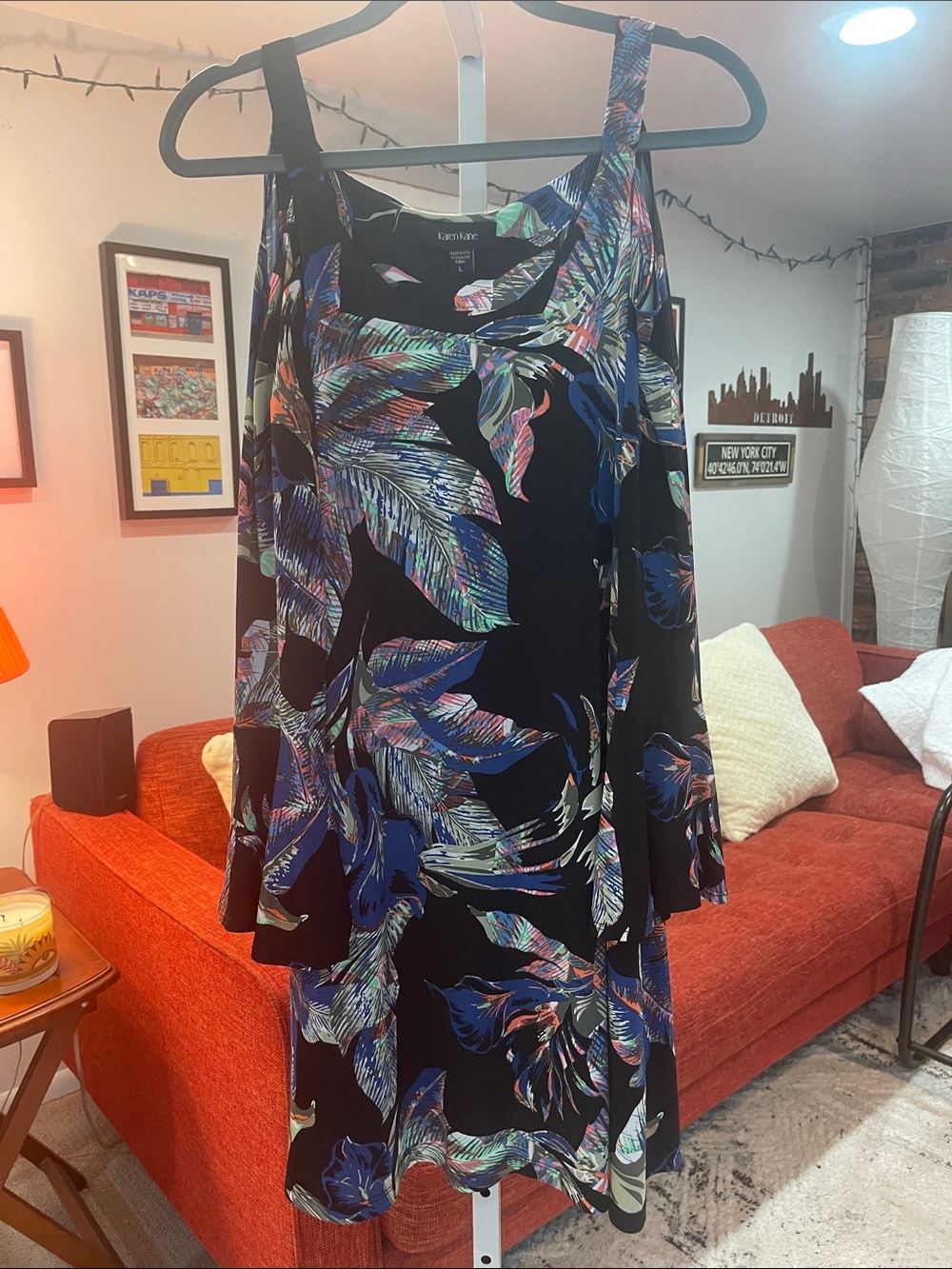 Karen Kane Black Floral Cold-Shoulder Midi Dress with Multicolor Leaves